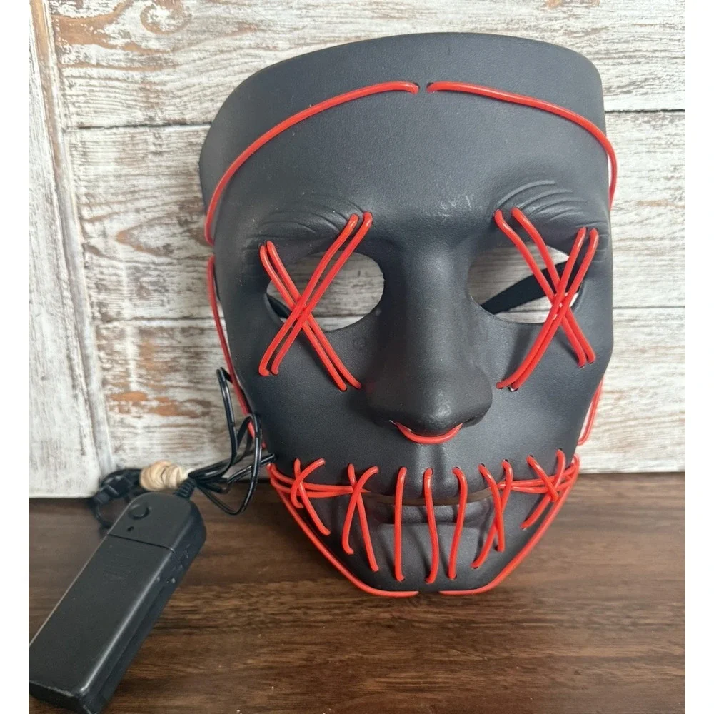 Halloween LED Light Up Mask 3 Modes Costume Rave Cosplay‎ Black w/ Red Stitches